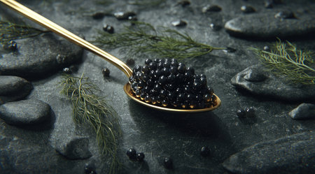 Luxurious closeup of black fish eggs on a golden spoon atop textured stone with dillの素材