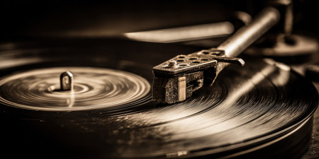Vintage close-up of a record player&#39;s needle on a vinyl record, creating soundの素材