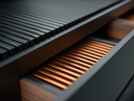 Angled shot reveals open drawer of dark modern cabinet, showcasing linear detailsの素材