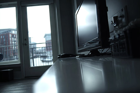 Interior view of a modern room, focusing on a glossy white surface, TV, and balconyの素材
