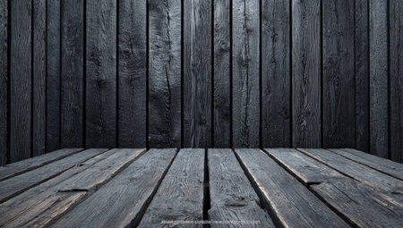Dark, weathered wooden backdrop featuring a floor and wall. Ideal for product presentationの素材