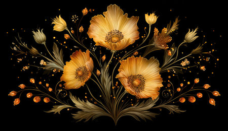 Golden flowers and leaves in a symmetrical arrangement against a black backgroundの素材