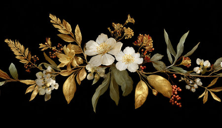 Elegant floral border with gold leaves, white flowers, and red berries against blackの素材