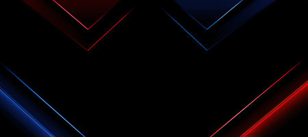 Abstract design on black background with neon blue &amp; red lines forming angled geometric shapesの素材