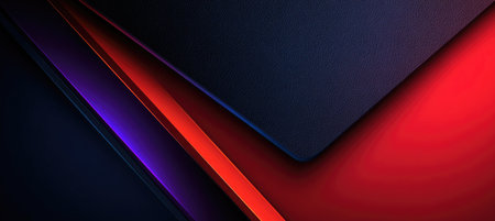 Abstract layered design with angled shapes featuring red, orange, purple, and blue against a dark backgroundの素材