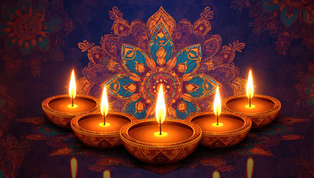 Festive diya lamps burning brightly against an ornate mandala backgroundの素材