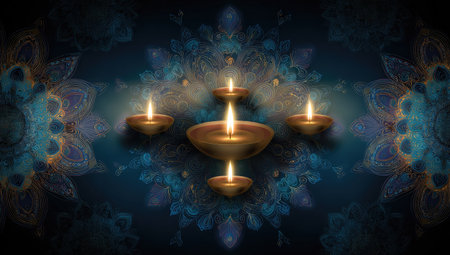 Image of lit candles arranged in a central design with ornate floral patterns as backdropの素材