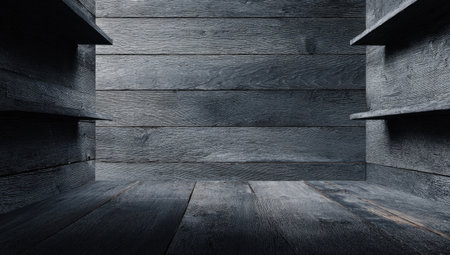 A dark, textured interior with wooden planks creating a shadowy enclosed spaceの素材