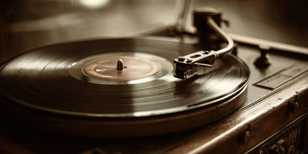 Close-up of a vintage record player with a spinning vinyl record. Warm, sepia tonesの素材