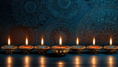 Lit, ornate oil lamps arranged on a reflective surface against a patterned blue backdropの素材