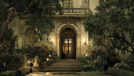Grand estate&#39;s entrance at dusk, ornate iron doors aglow with interior light, lush gardensの素材