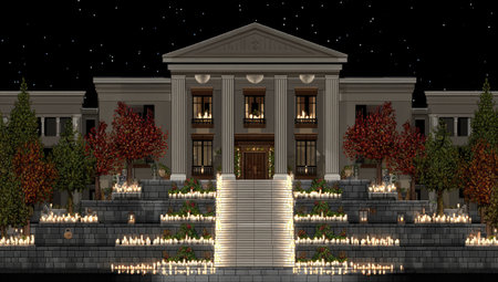 Grand neoclassical building at night, illuminated by candlelight and surrounded by treesの素材