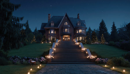 Grand brick mansion at night, illuminated steps, starry sky, festive lights, deer in foregroundの素材