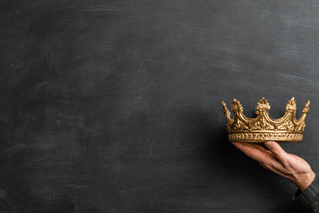A golden crown is held delicately in a hand against a dark chalkboard backgroundの素材
