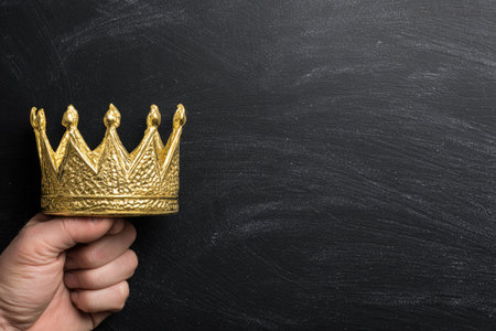 A hand holds a golden crown against a dark, textured backdrop, suggesting royaltyの素材