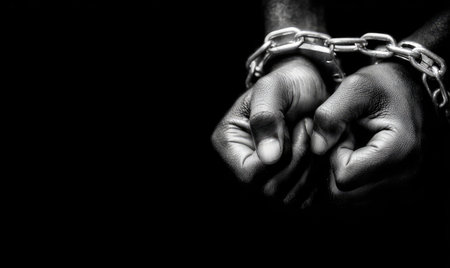 Close-up black and white image of hands clasped in metal chain cuffs against a dark backdropの素材