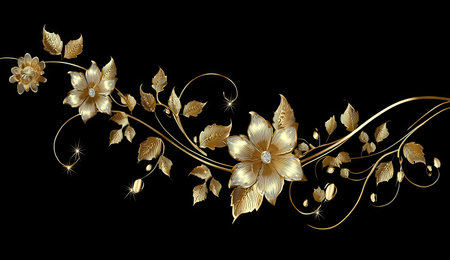 Golden floral illustration on a black background. Decorative design with detailed flowers and leavesの素材