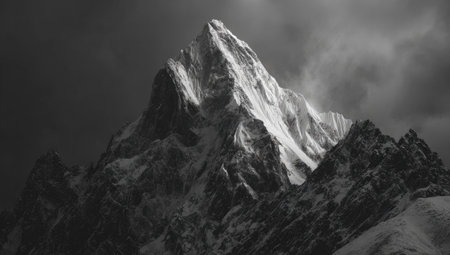 Majestic monochrome peak piercing dark sky, snow-covered, dramatic lightの素材