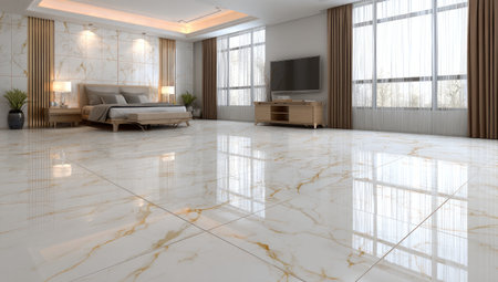 Luxurious modern bedroom with large windows, marble floors, neutral tones, and a spacious designの素材