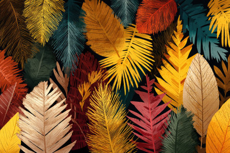 A vibrant digital artwork of layered, textured leaves in autumn-inspired colors against a dark backgroundの素材