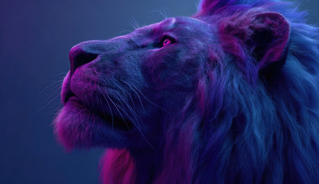 A majestic lion profile glows with vibrant pink and blue light, gazing upwardsの素材