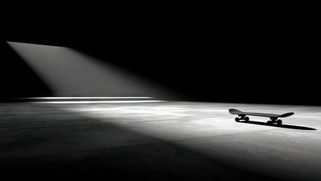 A lone skateboard sits in a spotlight, contrasted against a dark concrete environmentの素材
