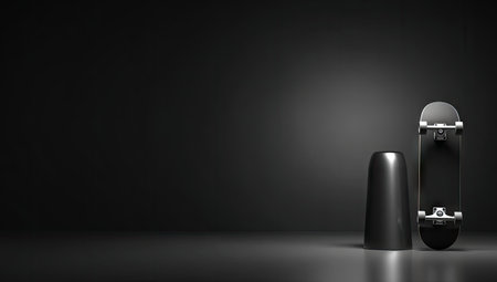 A miniature skateboard and cone sit against a dark gradient background, reflecting lightの素材