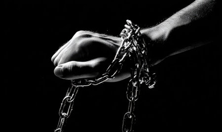 A clenched fist, wrapped by chains against a stark black background, in dramatic lightingの素材