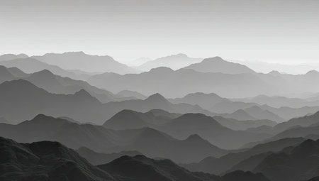Grayscale landscape depicts layered mountain ranges fading into the hazy distanceの素材