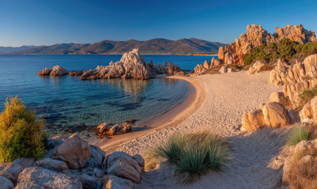 Serene coastal scene; golden sand beach curves near rock formations; mountains in distanceの素材
