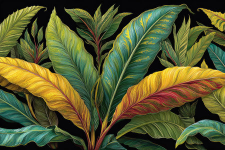 Lush tropical foliage of oversized leaves in vibrant yellow, green, and red hues against a black backdropの素材