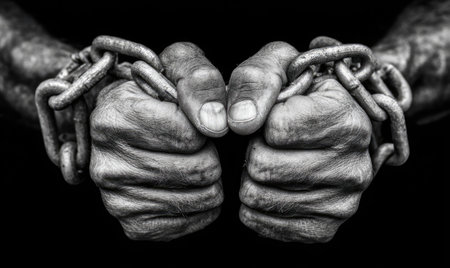 Close-up, grayscale photo of two hands clenched, bound by thick, metallic chainsの素材