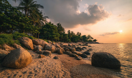 Beach scene at sunset with boulders, sand, and tropical vegetation against a cloudy skyの素材