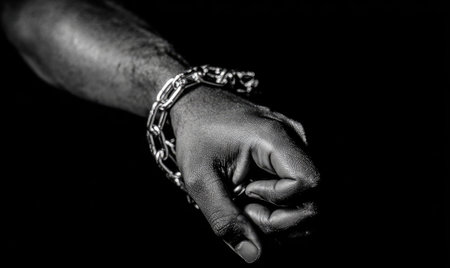 A close-up, black-and-white image showcases a hand encased in a thick metal chainの素材