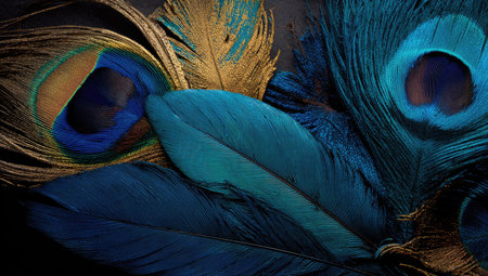 A close-up of vibrant peacock feathers in shades of blue, teal, and gold against dark backdropの素材