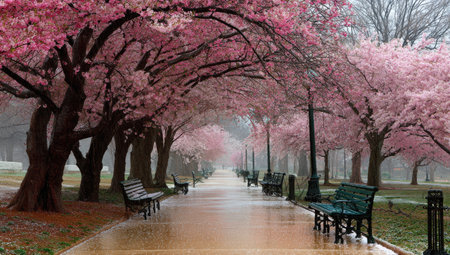 An avenue of pink blossoming trees arches over a path with benches in a park-like settingの素材