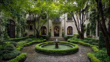 Elegant mansion with a courtyard, fountain, lush greenery, and symmetrical designの素材