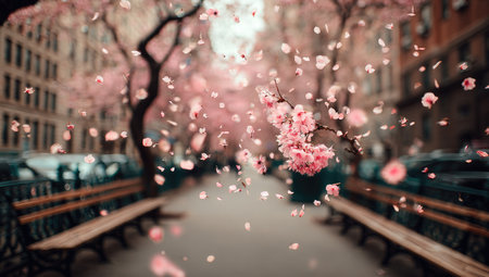 Blossoming cherry blossoms in a blurred urban street scene, with benches and buildingsの素材