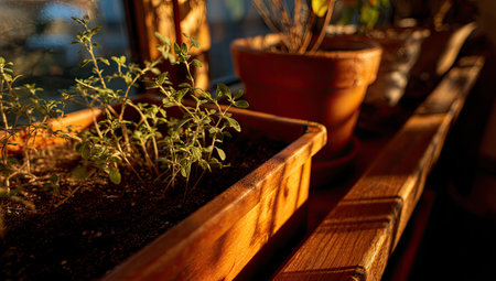 Sunlight bathes herbs in pots on a wood ledge, highlighting the greenery and texturesの素材