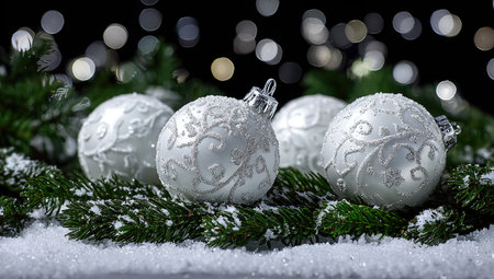 Close-up of decorative white ornaments with designs on a snow-covered evergreen branchの素材