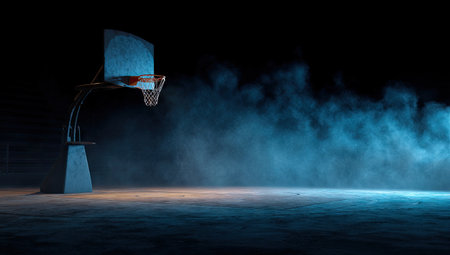 Basketball hoop illuminated by blue light, with fog and a dark backgroundの素材