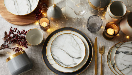 Elegant tablescape with marble-effect plates, candles, glassware, &amp; gold accentsの素材