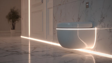 Modern, lit bathroom scene with floating toilet, marble, and ambient lighting, leading line effectの素材