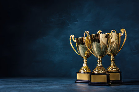 Three golden trophies on dark, textured background, symbols of achievement &amp; successの素材