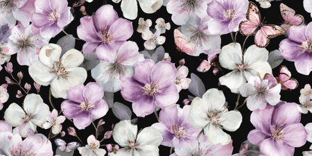 Watercolor floral pattern, featuring various sized blooms and butterflies, over a dark backgroundの素材