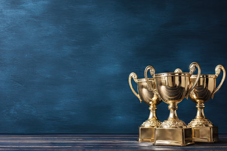 Golden trophies sit on a wooden surface, a deep blue background adds a sense of achievementの素材