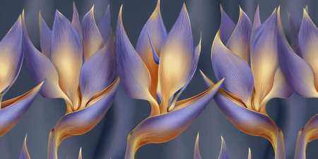 Repeated pattern of exotic, stylized flowers with purple, gold, and orange hues on a gray backgroundの素材