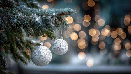 Close-up of frosted evergreen branch with silver ornaments against blurred warm lightsの素材