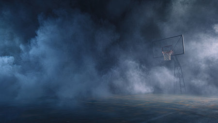 A basketball hoop engulfed in ethereal, moody smoke, with a dark backgroundの素材