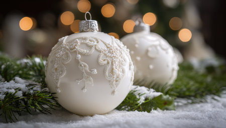 Two ornate white Christmas ornaments sit among snow-covered greenery, soft bokeh backgroundの素材